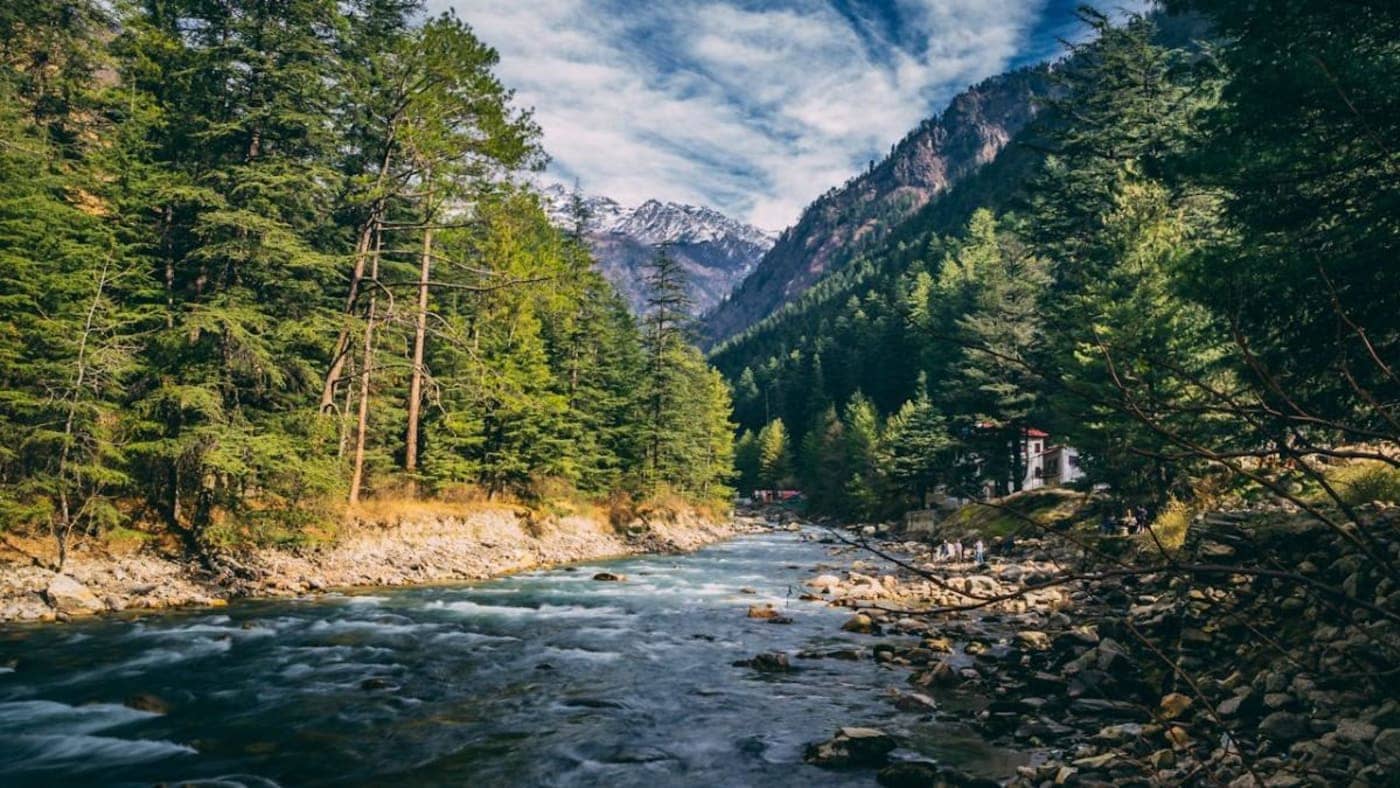 Parvati River flowing through pine forests with Himalayan mountains near Kasol in Himachal Pradesh.
