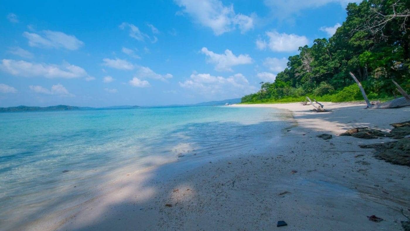 Peaceful white sand beach with turquoise water and lush forest coastline in the Andaman and Nicobar Islands.