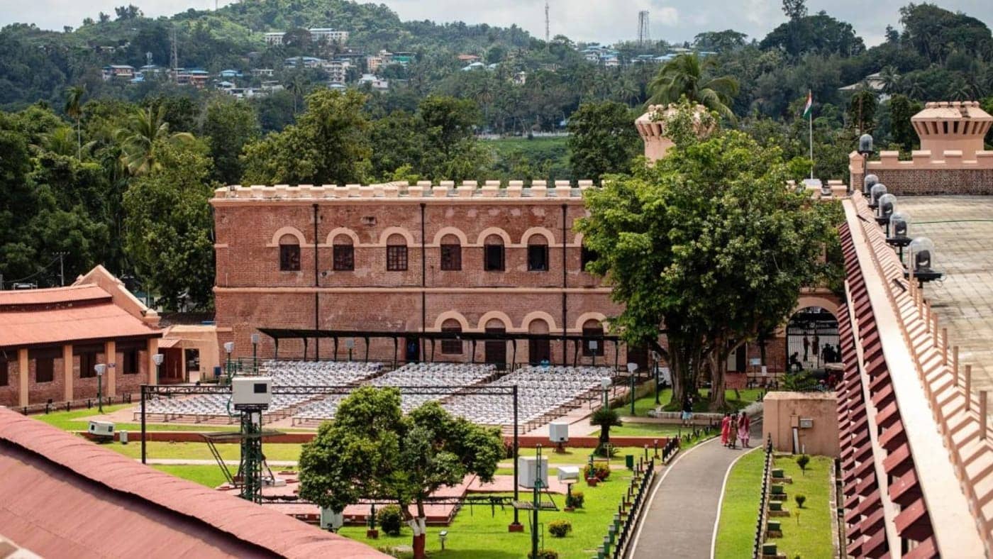Historic Cellular Jail complex with courtyard and brick architecture in Port Blair, Andaman and Nicobar Islands.