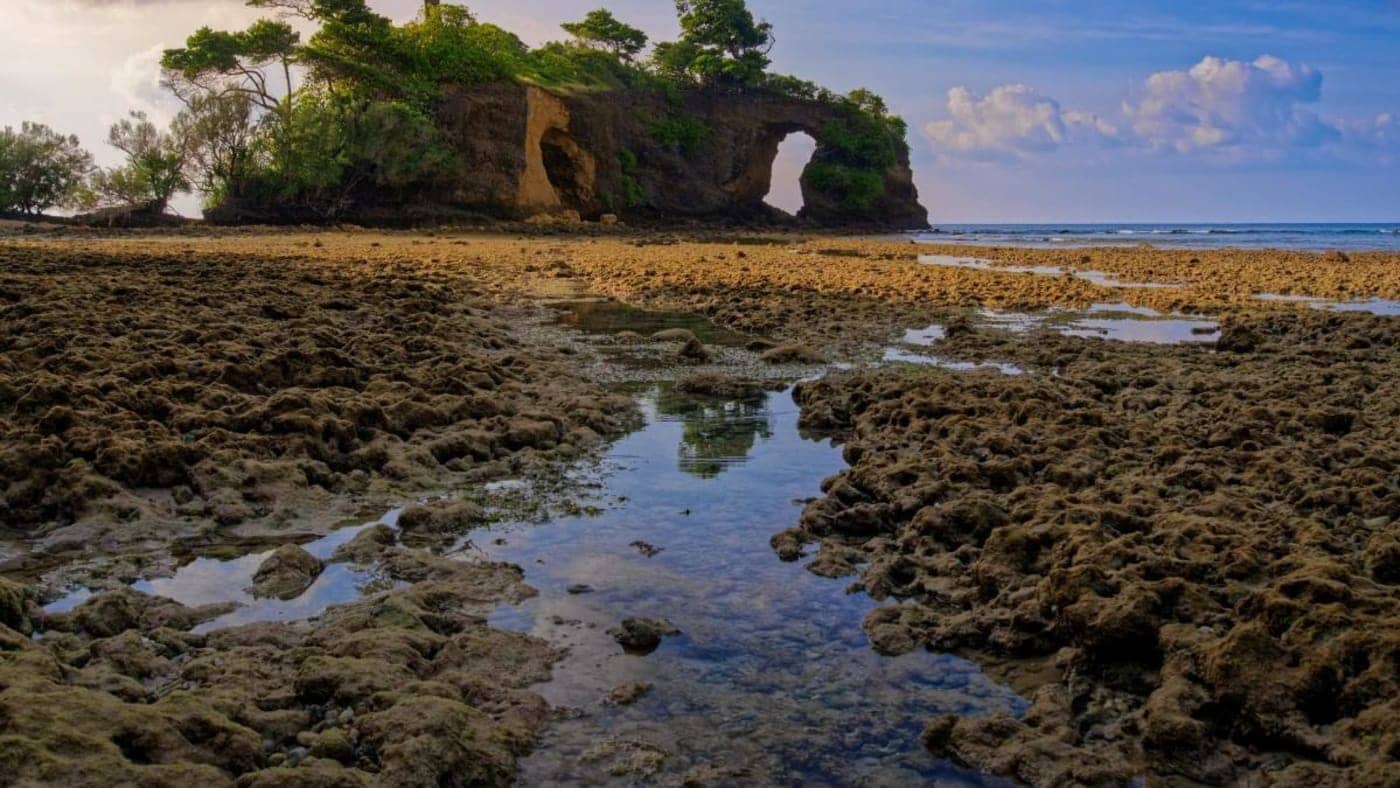 Natural rock arch formation on a rugged beach during low tide in the Andaman and Nicobar Islands.