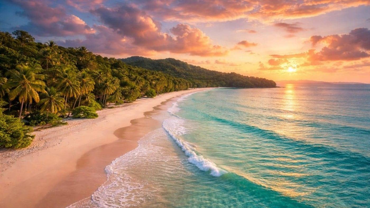 Golden sunset over a pristine palm-fringed beach with gentle waves along the Andaman and Nicobar Islands coastline.