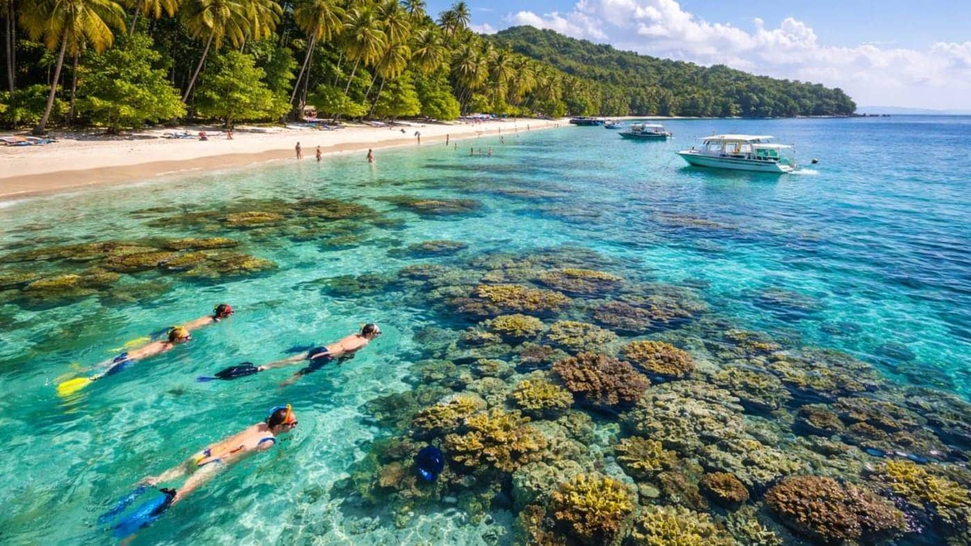 Snorkelers exploring coral reefs near a palm-lined tropical beach with clear blue water in the Andaman and Nicobar Islands.