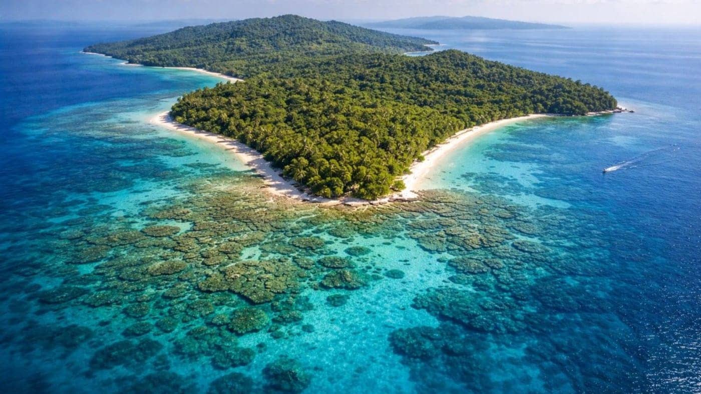Aerial view of a lush tropical island surrounded by turquoise water and coral reefs in the Andaman and Nicobar Islands.