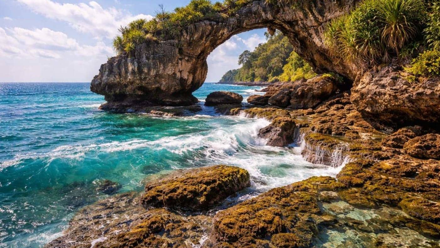 Natural rock arch over turquoise sea waves along a rugged tropical coastline in the Andaman and Nicobar Islands.