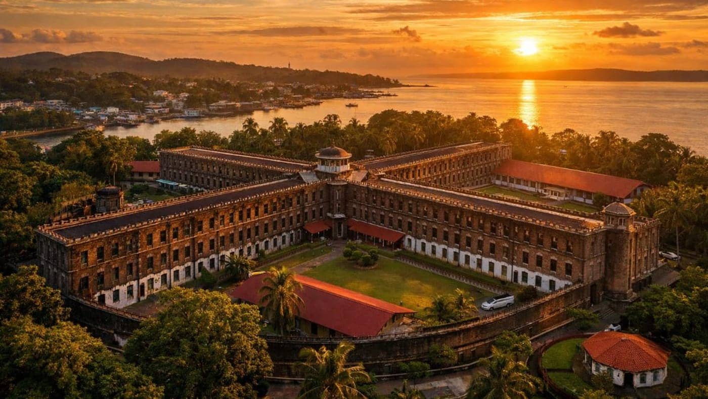 Cellular Jail historic prison complex overlooking Port Blair and the sea during sunset in the Andaman and Nicobar Islands.