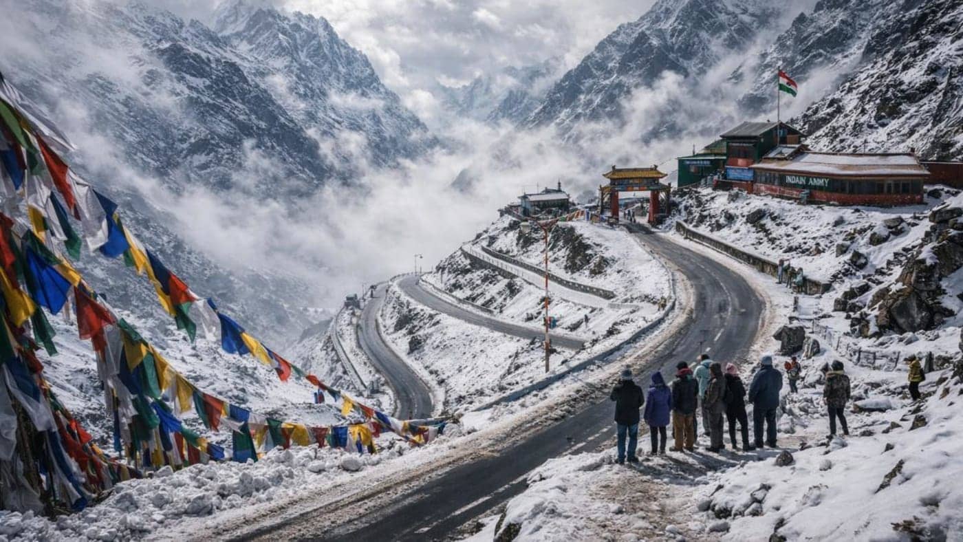 Winding snowy mountain road at Nathula Pass with tourists, prayer flags, and Indian Army buildings in the high Himalayas of Sikkim.