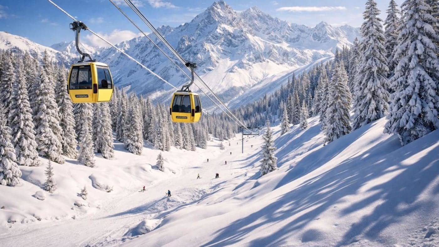 Gondola ride over snowy mountains in Kashmir, with pine forests, skiers on slopes, and clear blue sky in a scenic winter landscape.