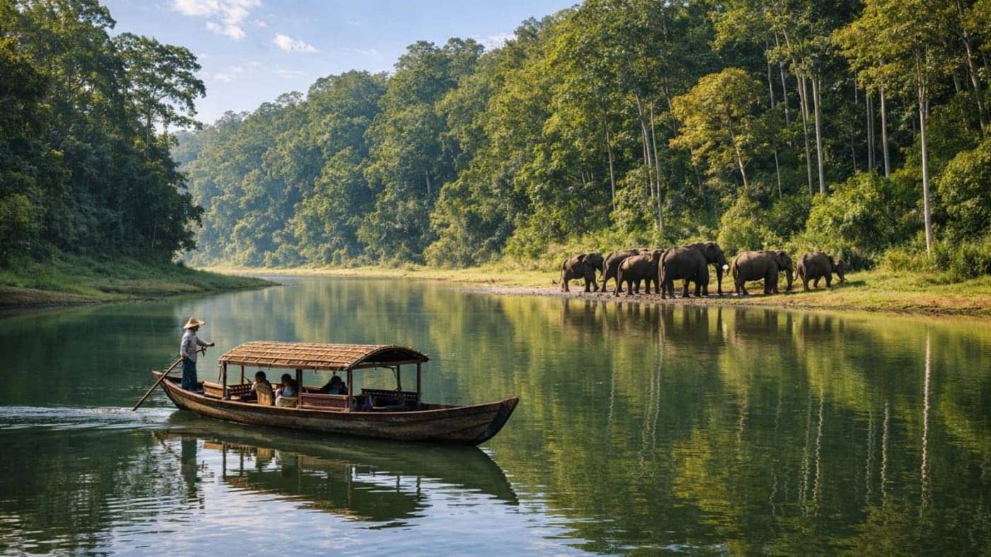 Boat gliding on calm river in Munnar, Kerala, with lush forest reflections and a herd of elephants walking along the riverbank.