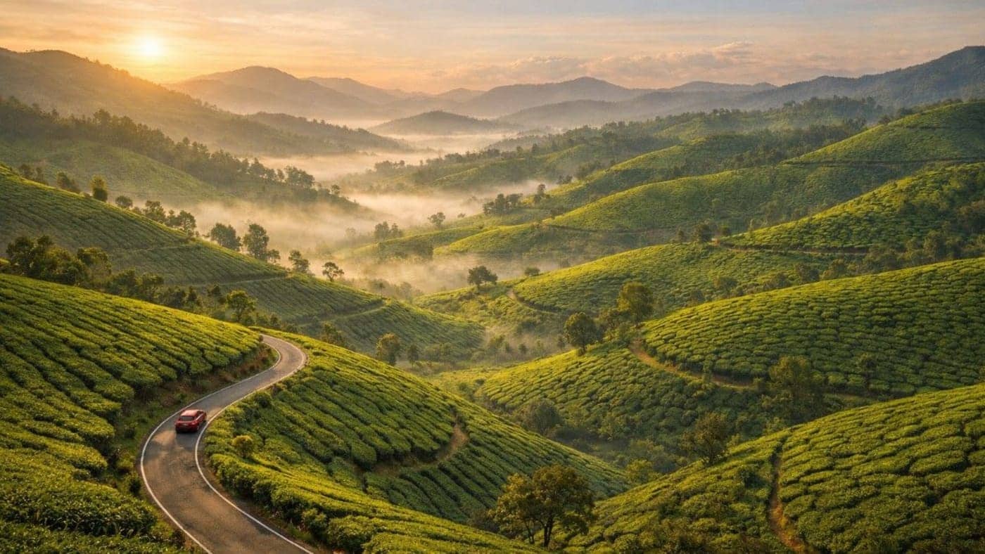 Winding road through lush green tea plantations in Munnar, Kerala, with misty hills and golden sunrise over rolling valleys.